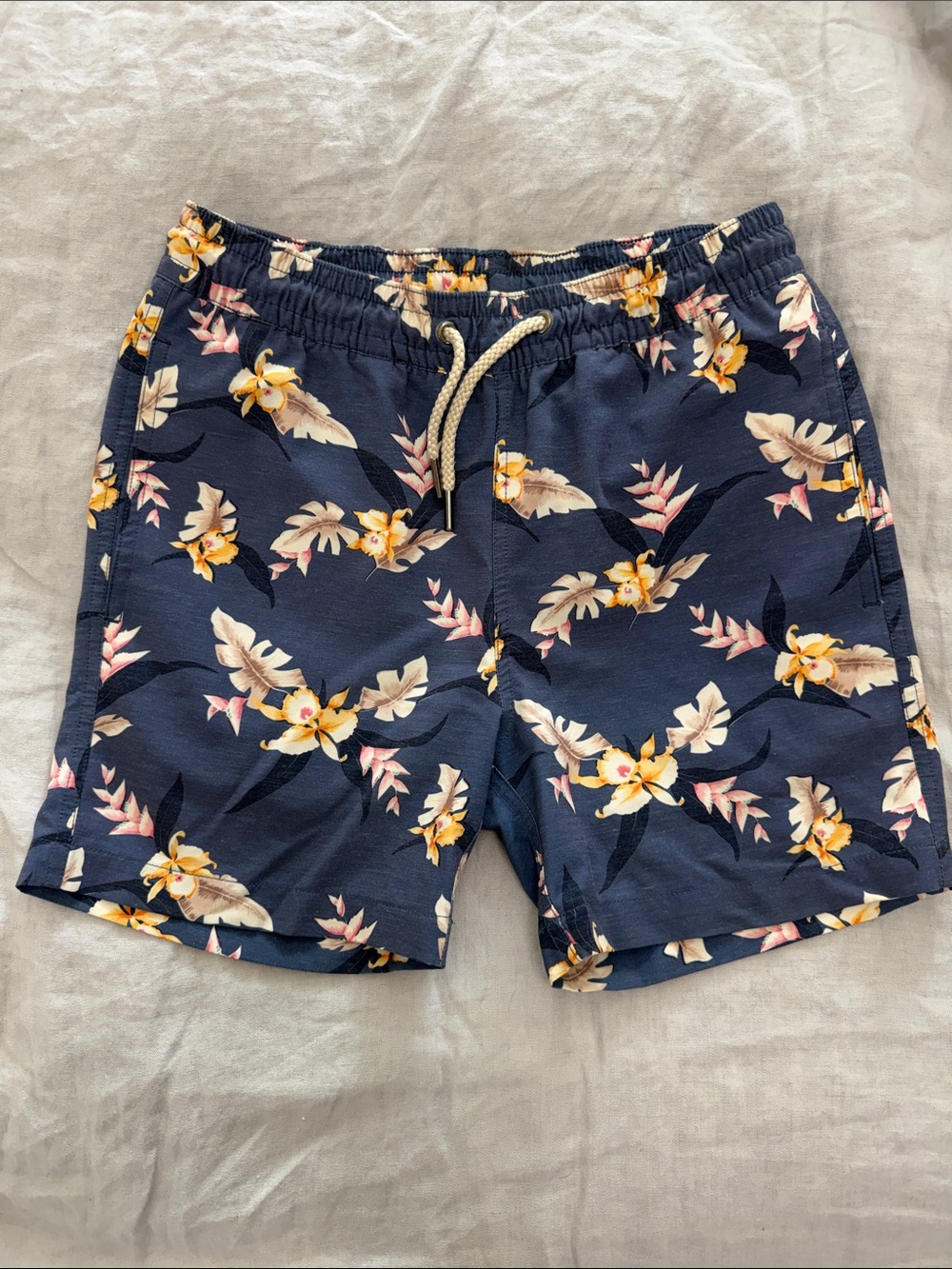 Fair Harbor Navy Floral Swim Trunks with Yellow & Cream Blooms